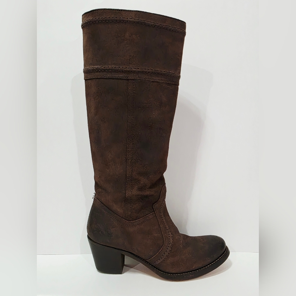 Frye JANE 77222 Brown Suede Leather Boot Heel Pull On Stitch Riding 6 B Used